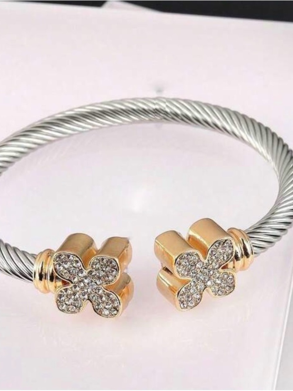 Gold & Silver Crystal Clover Open Bangle Bracelet